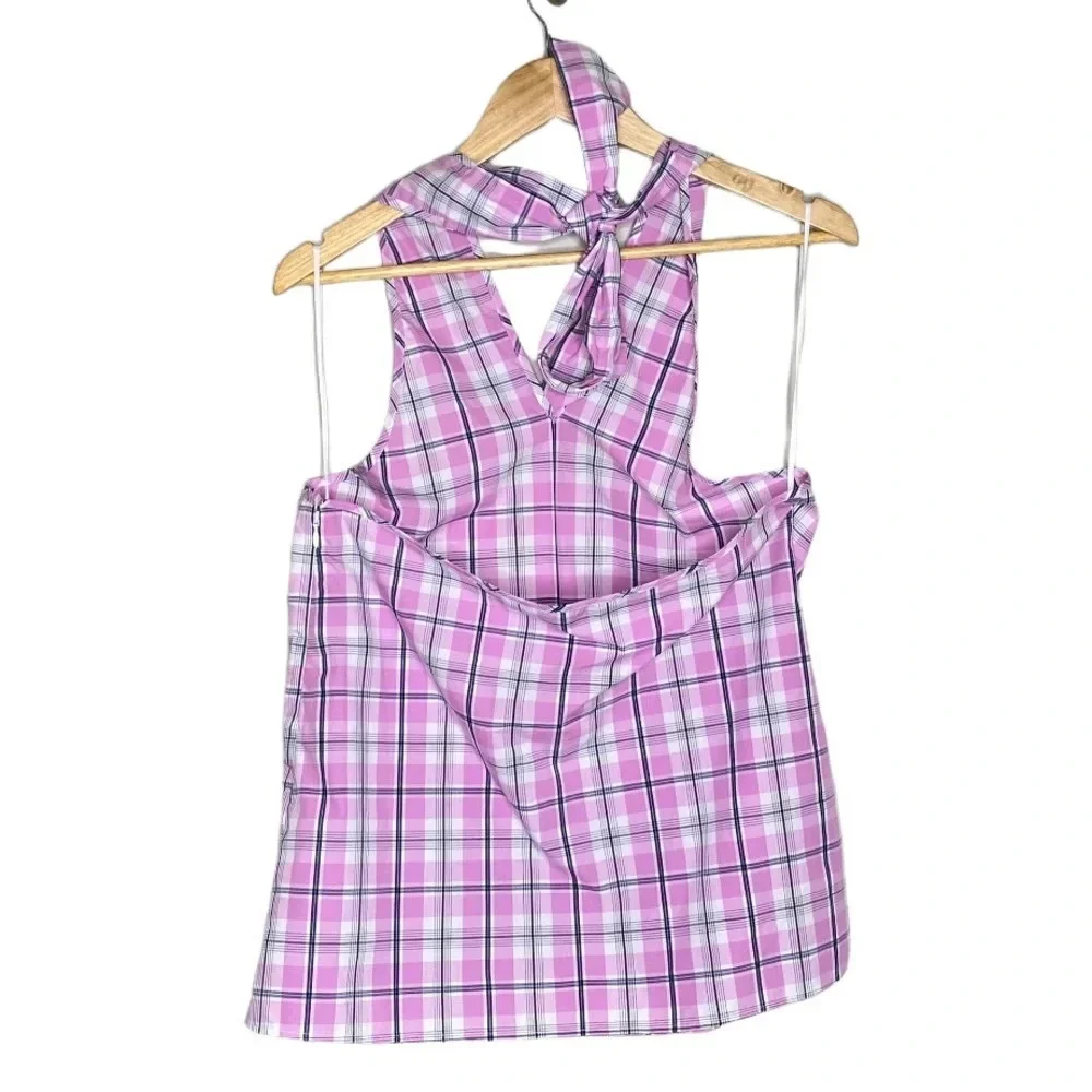 ✨NWT J. Crew Pink Violet Pastel Plaid Tie Neck Halter Top Size Small
